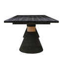 Front view of the Skyler Solid Wood 8 Seater Dining Table with a long black rectangular tabletop and two cone-shaped pedestal legs.