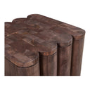 Close up high angle view of Keaton dark brown end table corner showing butcher block top and scalloped edge