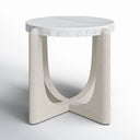 Cullen round white marble end table side studio view showcasing light grey arched wood cross legs