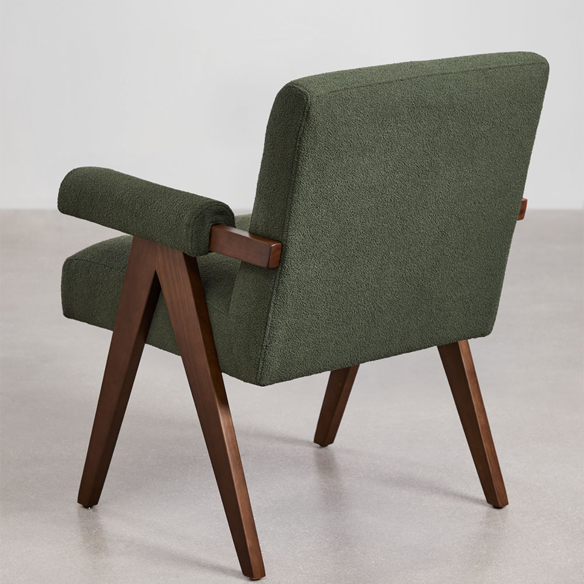 Eddie Dining Chair with Armrests in Wood and Bouclé Fabric