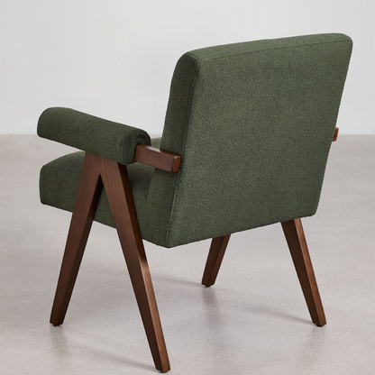 Eddie Dining Chair with Armrests in Wood and Bouclé Fabric