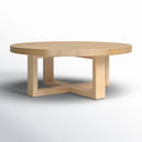 Blaise light oak round coffee table front view showing cross base structure