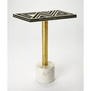 Caspian Bone Inlay End Table - rectangular geometric bone inlay top with a gold-tone pedestal and white stone base.