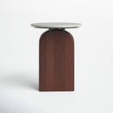 Trace round marble top side table straight front studio view showcasing arched mahogany base