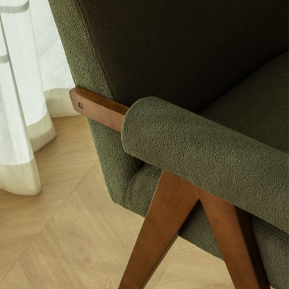 Eddie Dining Chair with Armrests in Wood and Bouclé Fabric