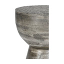 Close up view of Jerry end table showing wire brushed grey finish and pitted texture