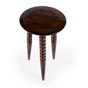 Top down angle view of Ozzy round end table showing dark brown mango wood surface
