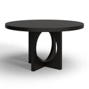 Loyal Round 6 Seater Dining Table in a dark wood finish styled in a bright dining area with a decorative vase and natural rug.