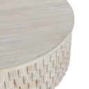 High angle close up view of Khari white drum coffee table showcasing natural wood grain texture on the tabletop