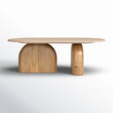 Alvin modern travertine marble oval coffee table straight-on side view with natural wood legs