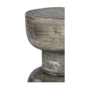 Close up view of Salem end table top showing wire brushed grey wood grain texture and center neck