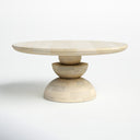 Musa round light wood coffee table straight side profile view showing stacked geometric pedestal base
