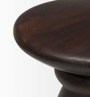 Close up angle view of Lian end table top showing smooth dark brown wood grain and rounded edge