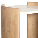 Close up view of Casen end table showing white quartz top and light oak wood panel grain