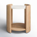 Casen round marble top end table straight front studio view showcasing open 2-tier shelf layout