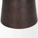 Close up view of Marcellus end table base showing lower ribbed dark brown wood ring texture