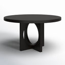 Front view of the black Loyal Round 6 Seater Dining Table highlighting its round tabletop and distinctive circular pedestal design.