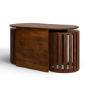 Douglas solid wood 3-piece nesting table set side studio view with nested stools