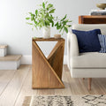 Legacy solid wood geometric abstract end table styled next to a couch