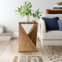 Legacy solid wood geometric abstract end table styled next to a couch