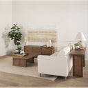 Lachlan square dark wood coffee table styled in a living room collection with matching cane sideboard and console table