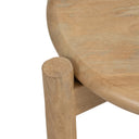 Close up high angle view of Jerry end table corner showing natural mango wood grain and leg joint
