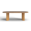 Rear view of the natural wood Kiaan Oval 6 Seater Dining Table showing the curved pedestal legs and wood grain finish.