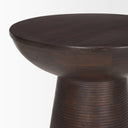 Close up angle view of Marcellus end table top showing smooth dark brown wood grain and flared cup rim