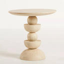 Mylo round light wood side table side studio view showcasing stacked geometric sculptural base