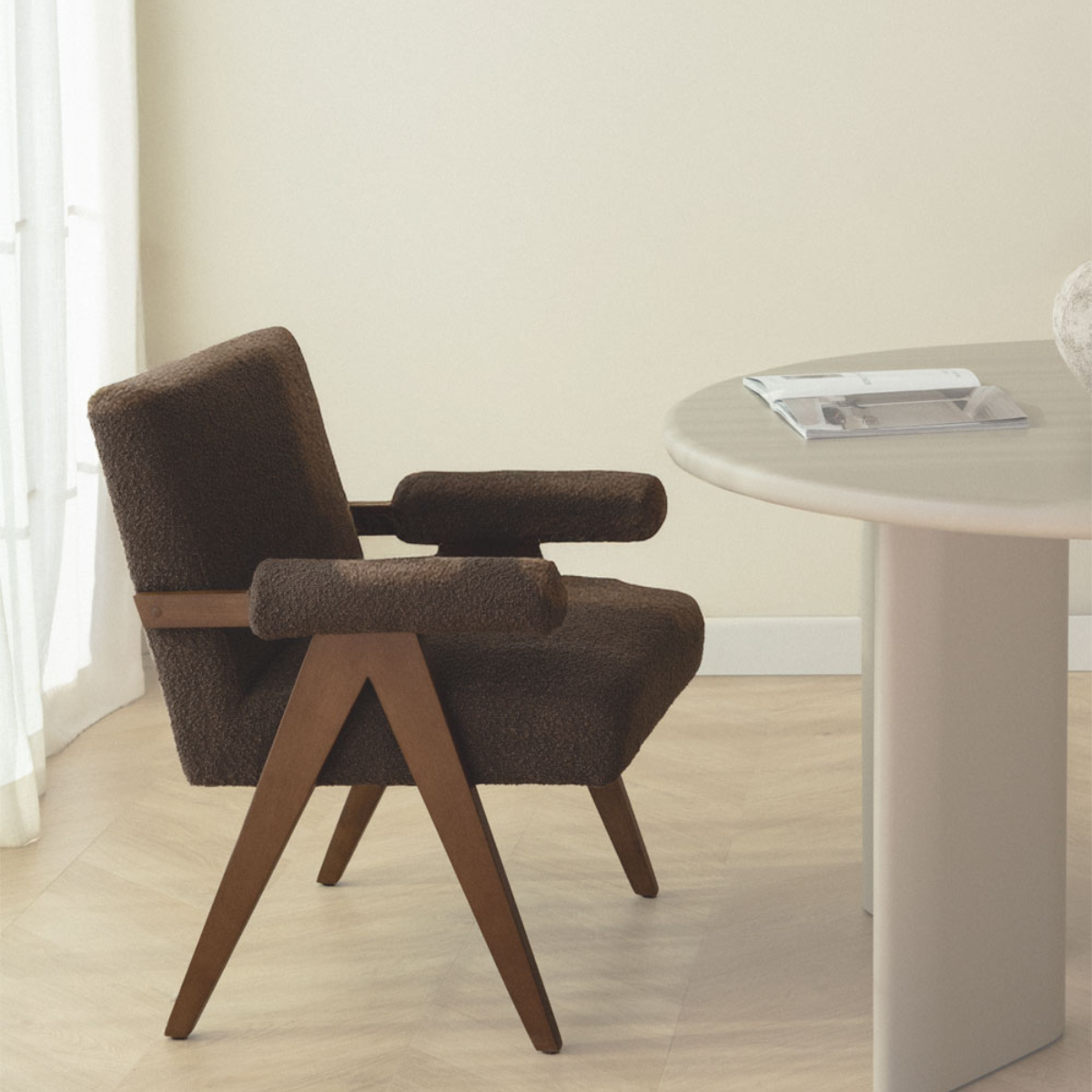 Eddie Dining Chair with Armrests in Wood and Bouclé Fabric