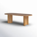 Front view of the natural wood Kiaan Oval 6 Seater Dining Table highlighting its elongated tabletop and two cylindrical support legs.