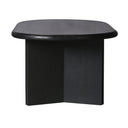 Lee oval black wood coffee table narrow short end view showing intersecting cross leg base
