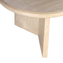 Close up angle view of Lee coffee table showing rounded tabletop edge and natural light oak wood grain legs