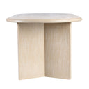Lee oval light oak wood coffee table narrow short end view showing intersecting cross leg base