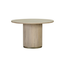Casey 4 Seater Dining Table shown from the front, featuring a round solid wood tabletop and vertically fluted pedestal base