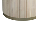 Close-up of the Casey Dining Table pedestal highlighting the vertical fluted wood detailing and contrasting dark metal base trim.