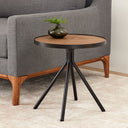 Cayden Side Table beside a gray sofa, styled with a decorative vase on its round wooden tabletop.
