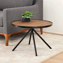 Cayden Side Table next to a gray upholstered sofa, featuring a warm wood surface, black edge, and splayed tripod base.