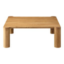 Axton square natural oak coffee table straight side profile view showing chunky rounded legs