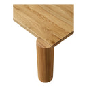 Close up angle view of Axton coffee table corner showing natural oak wood grain legs