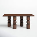 Alfredo rectangular dark brown wood coffee table straight side view showing sculptural bobbin legs
