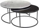 Damien Genuine Marble Coffee Table pair featuring round white and black genuine marble tops with slim black metal circular bases.