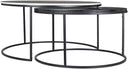 Damien Genuine Marble Coffee Table nesting tables shown from the side, highlighting the layered round marble tops and open metal frames.