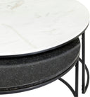 Close-up of the Damien Genuine Marble Coffee Table showing natural veining in the white marble top and textured dark marble surface underneath.