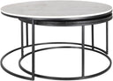 Damien Genuine Marble Coffee Table set nested together, showcasing the contrasting marble surfaces and overlapping circular black bases.