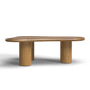 Reese natural light oak organic kidney shaped coffee table front profile view showcasing cylinder pillar legs