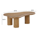 Reese organic kidney shaped solid wood coffee table dimensions diagram showing height, width, and depth measurements