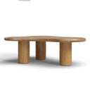 Reese natural light oak organic kidney shaped coffee table three-quarter studio view showcasing cylinder pillar legs