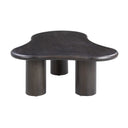 Reese black wood organic kidney shaped coffee table side end profile view showcasing thick cylinder pillar legs