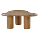 Reese natural light oak organic kidney shaped coffee table side end profile view showcasing thick cylinder pillar legs